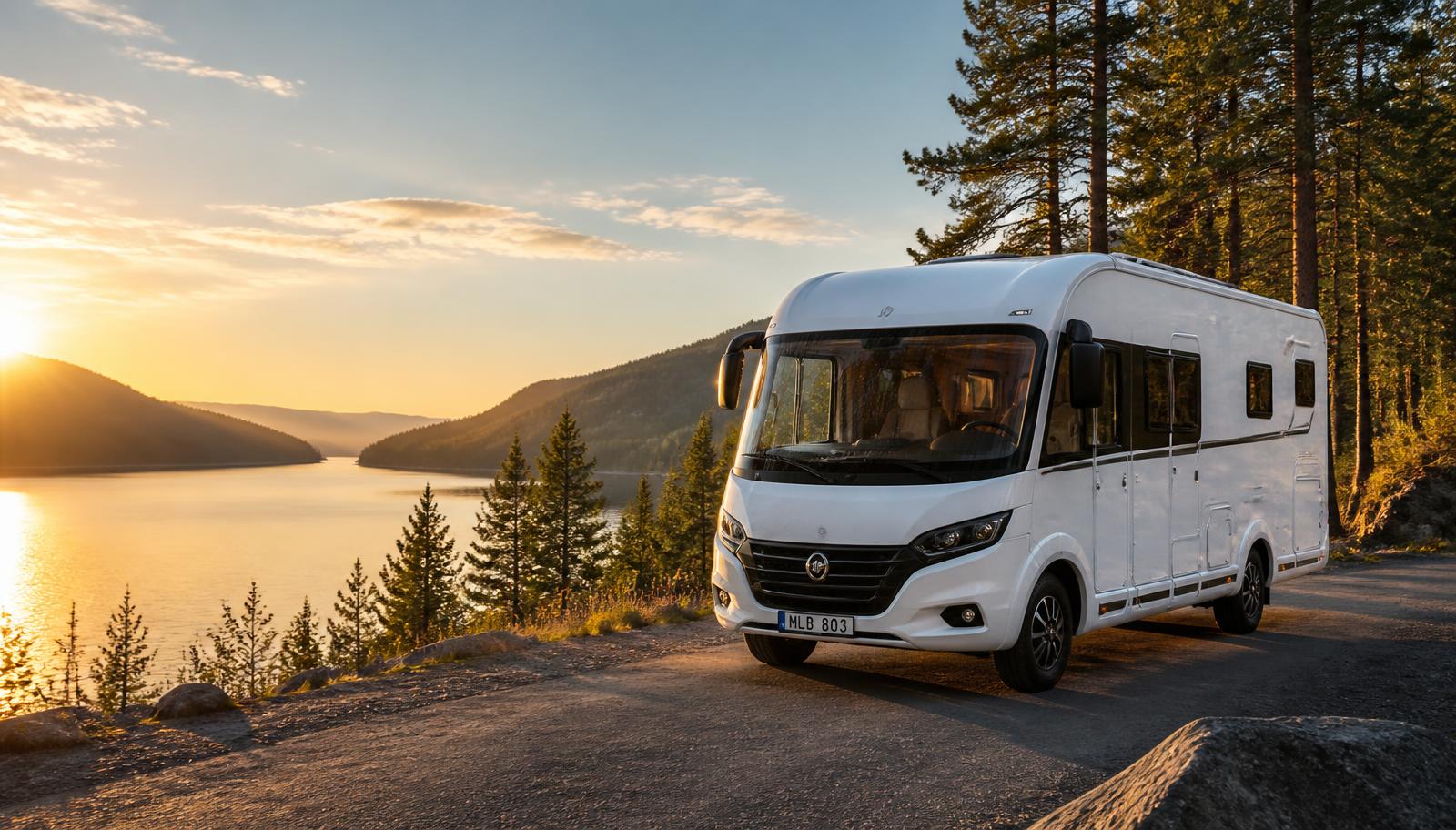 Asuntoauto Nordic-maisemassa auringonlaskun aikaan